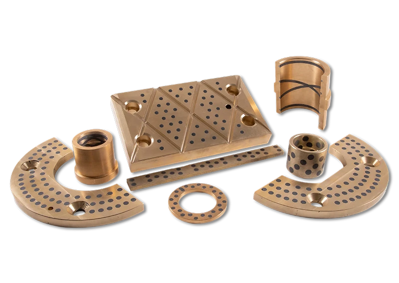 Bronze components with graphite plugs and grooves for self-lubrication